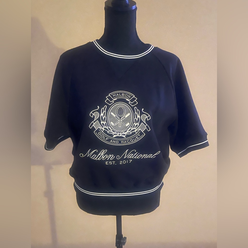 NWOT Malbon National Billie II Sweatshirt Blk/Gold embroidered  logo. Sz Large